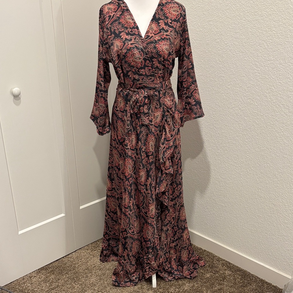Elegant Pink and Black Wrap Maxi Gown with Bell Sleeves